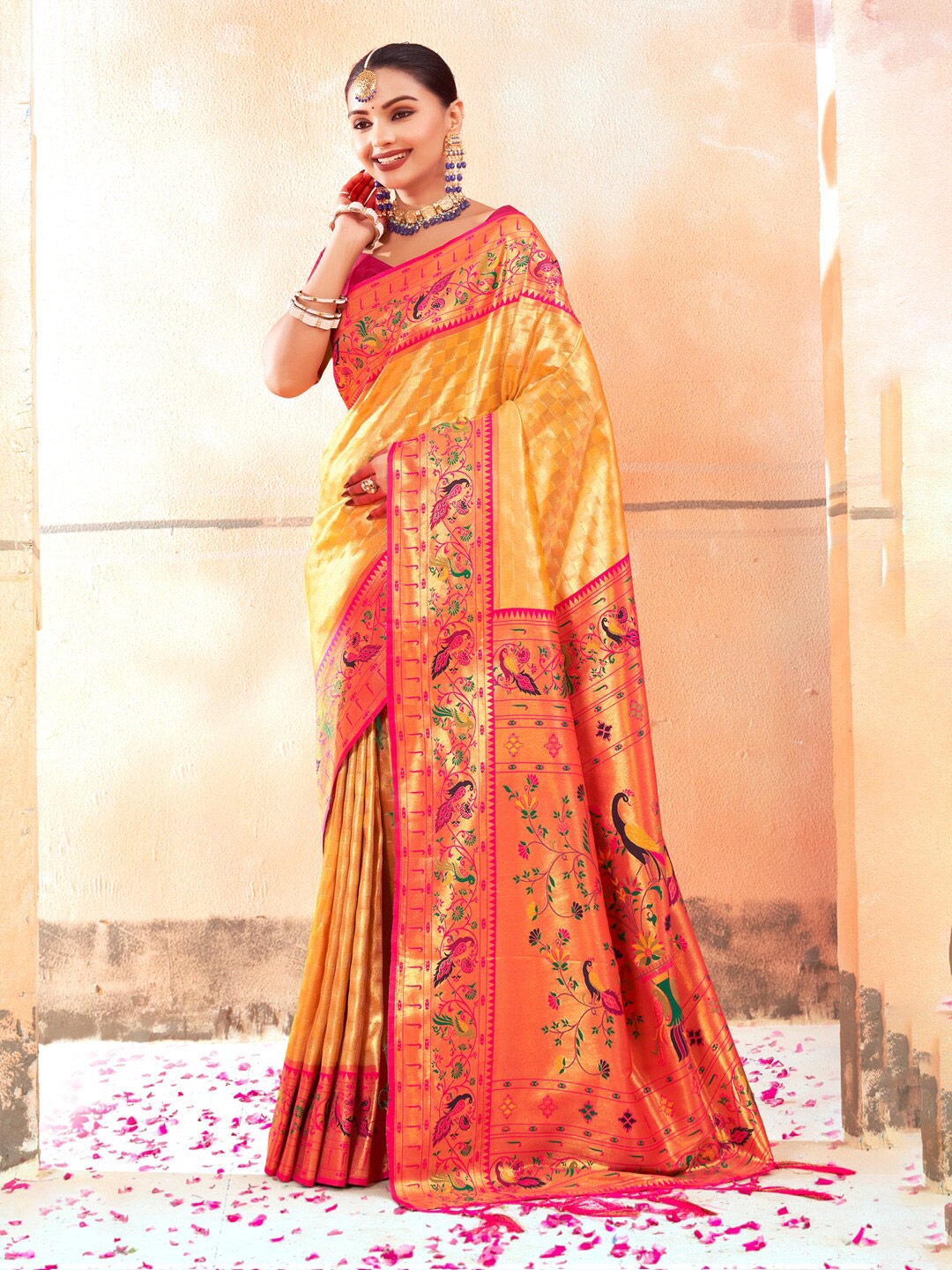 

Mitera Ethnic Motifs Woven Design Zari Paithani Saree, Yellow