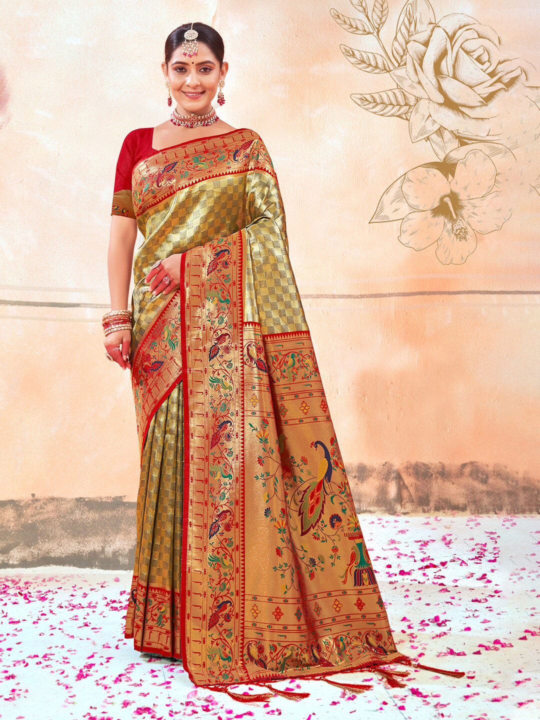 

Mitera Ethnic Motifs Woven Design Zari Paithani Saree, Green