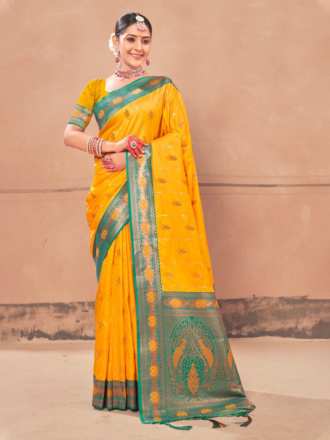 

Mitera Ethnic Motifs Woven Design Zari Saree, Yellow