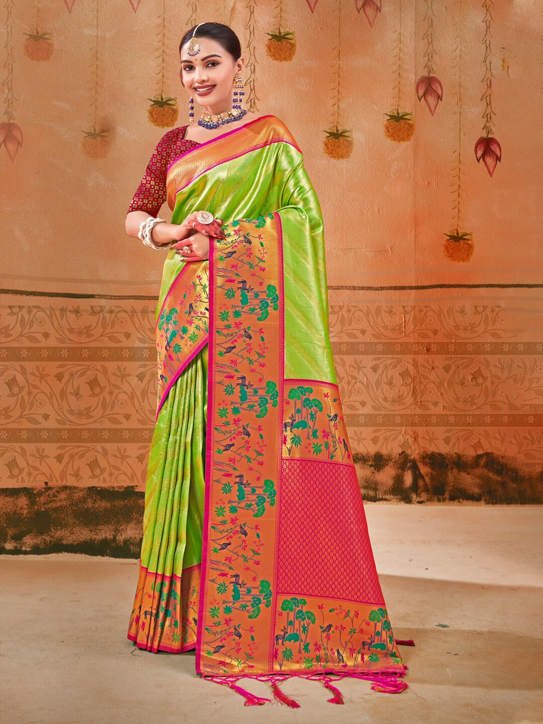 

Mitera Floral Woven Design Zari Paithani Saree, Green