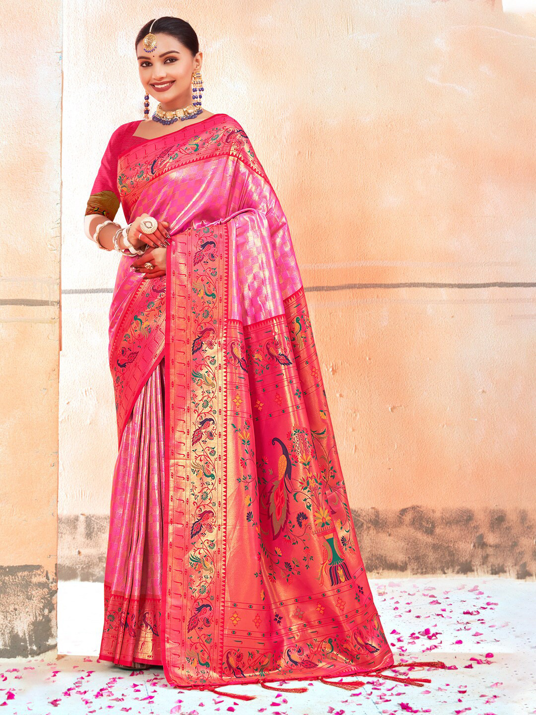 

Mitera Ethnic Motifs Woven Design Zari Paithani Saree, Pink