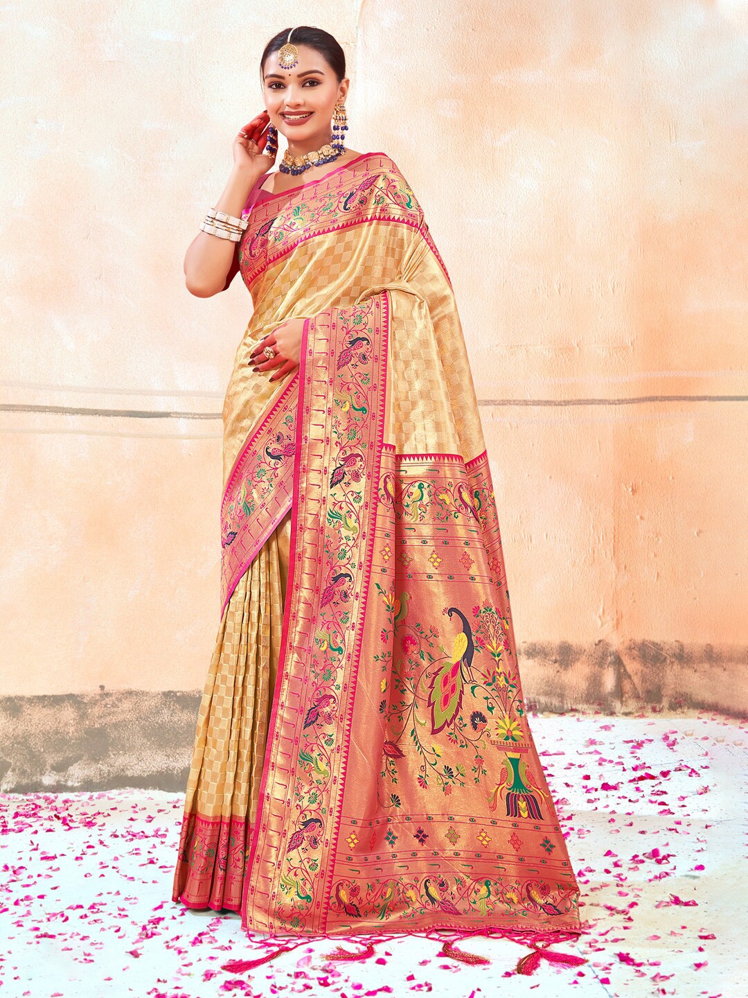 

Mitera Ethnic Motifs Woven Design Zari Paithani Saree, Cream