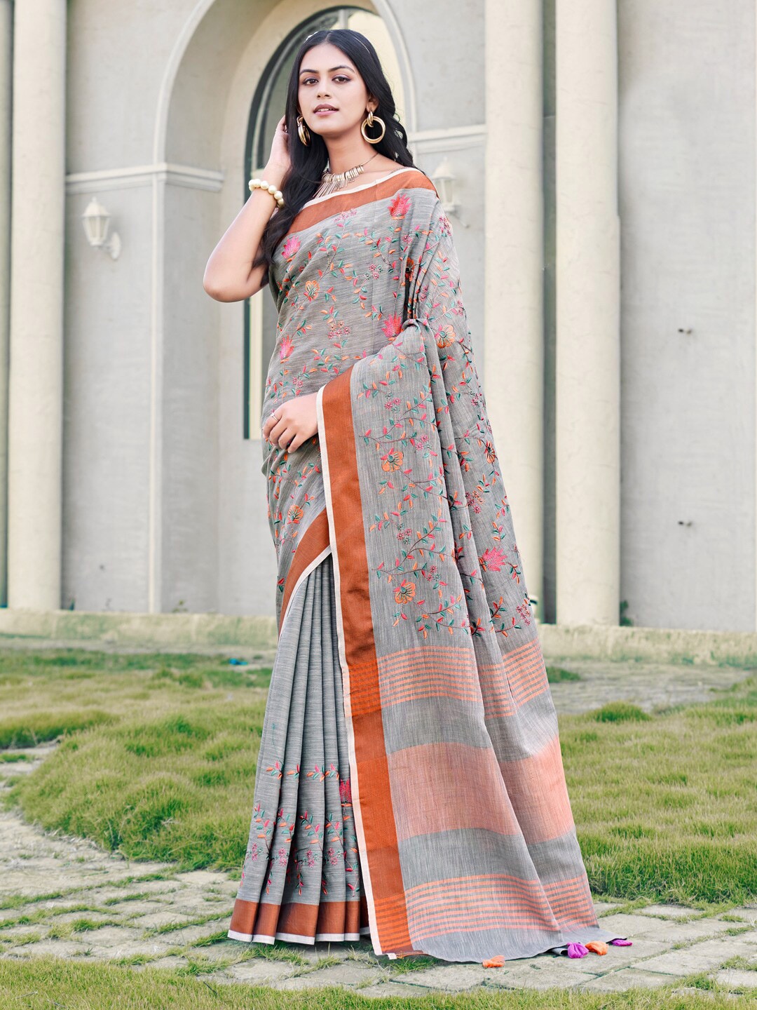 

Mitera Floral Embroidered Saree, Grey