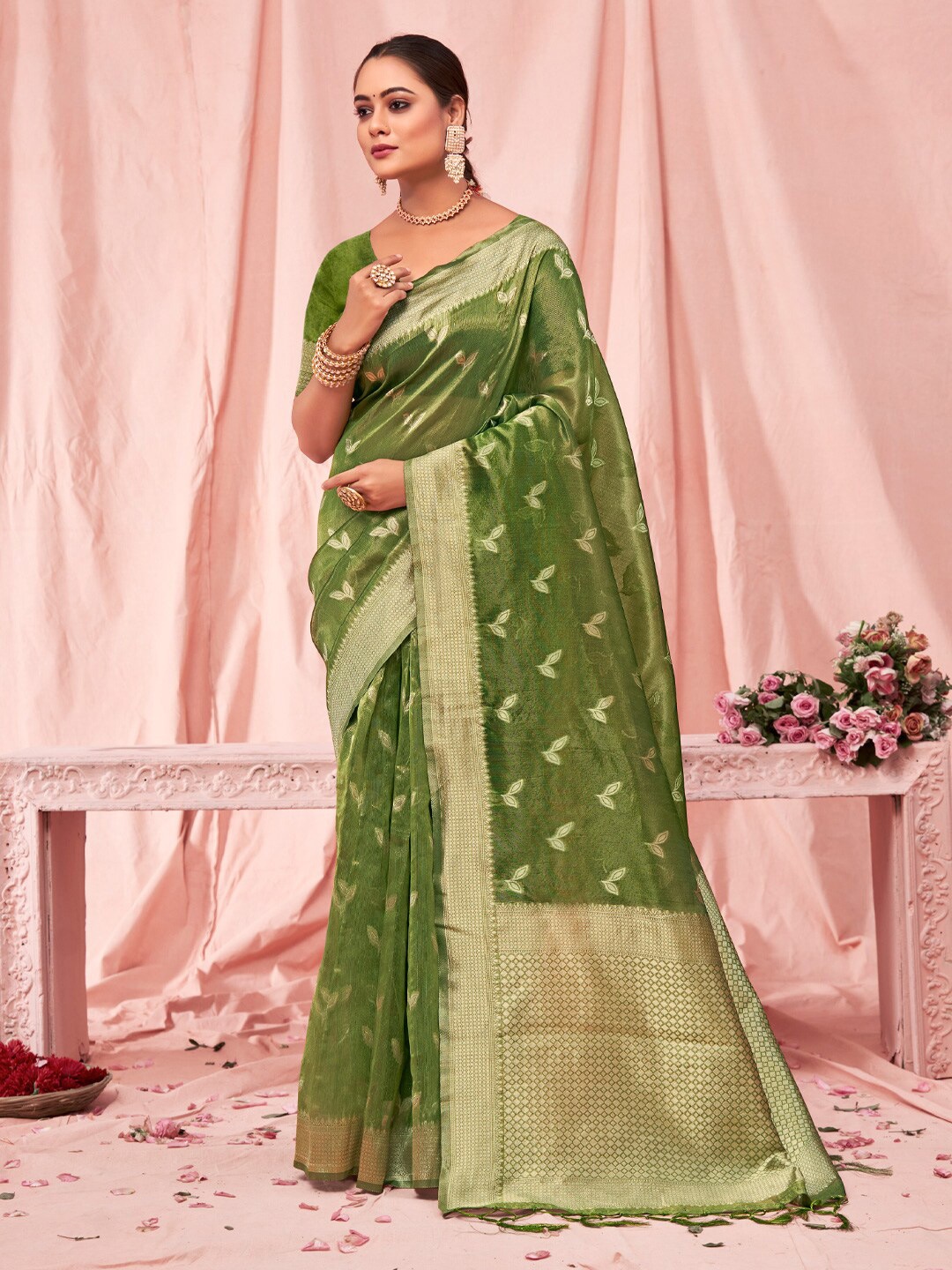 

Mitera Floral Woven Design Zari Kota Saree, Green