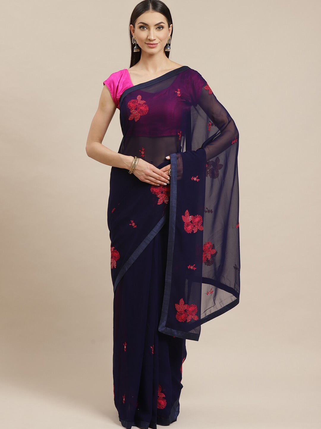 

KALINI Floral Embroidered Pure Georgette Saree, Navy blue