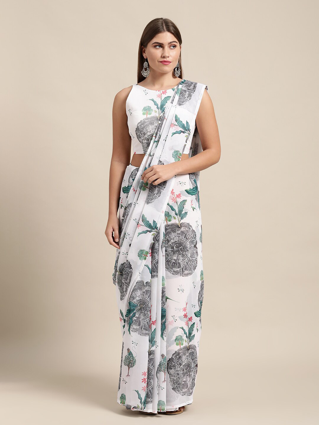 

KALINI Floral Printed Pure Georgette Saree, White