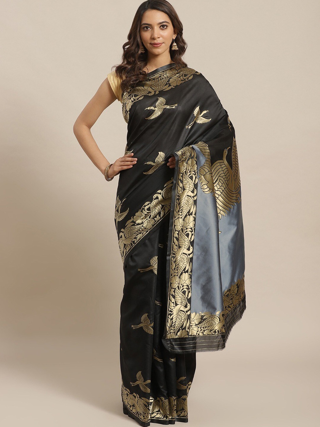 

KALINI Ethnic Motifs Woven Design Zari Detailed Saree, Black