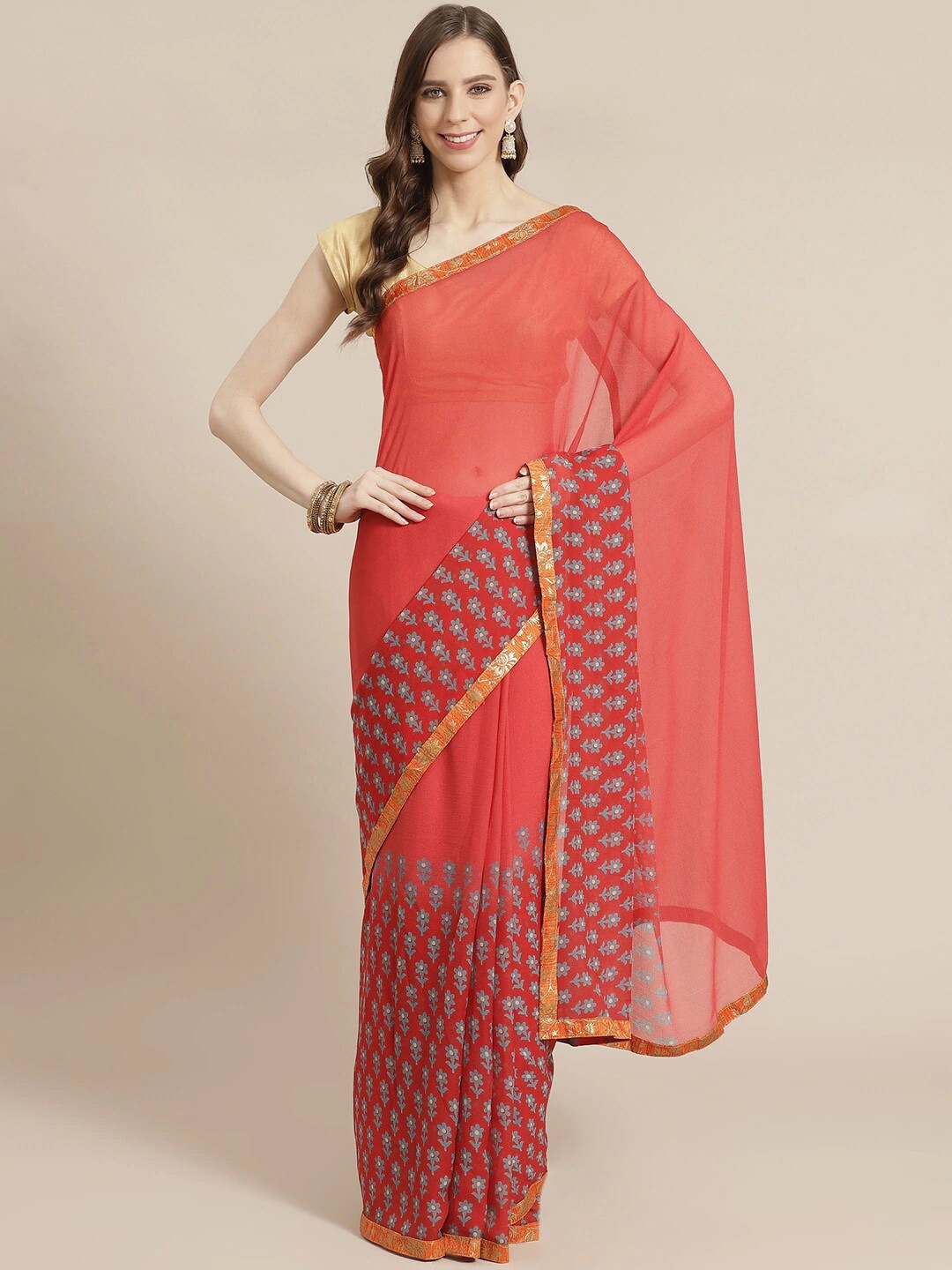 

KALINI Ethnic Motifs Printed Pure Georgette Saree, Coral