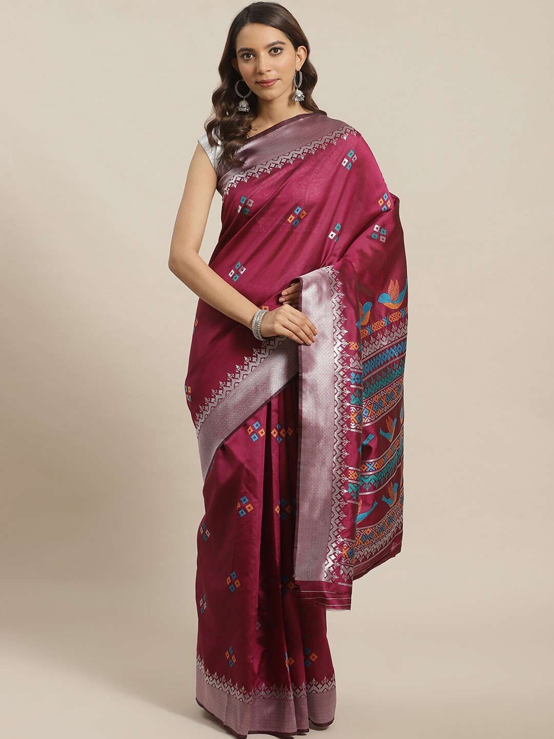 

KALINI Ethnic Motifs Woven Design Zari Detailed Saree, Magenta