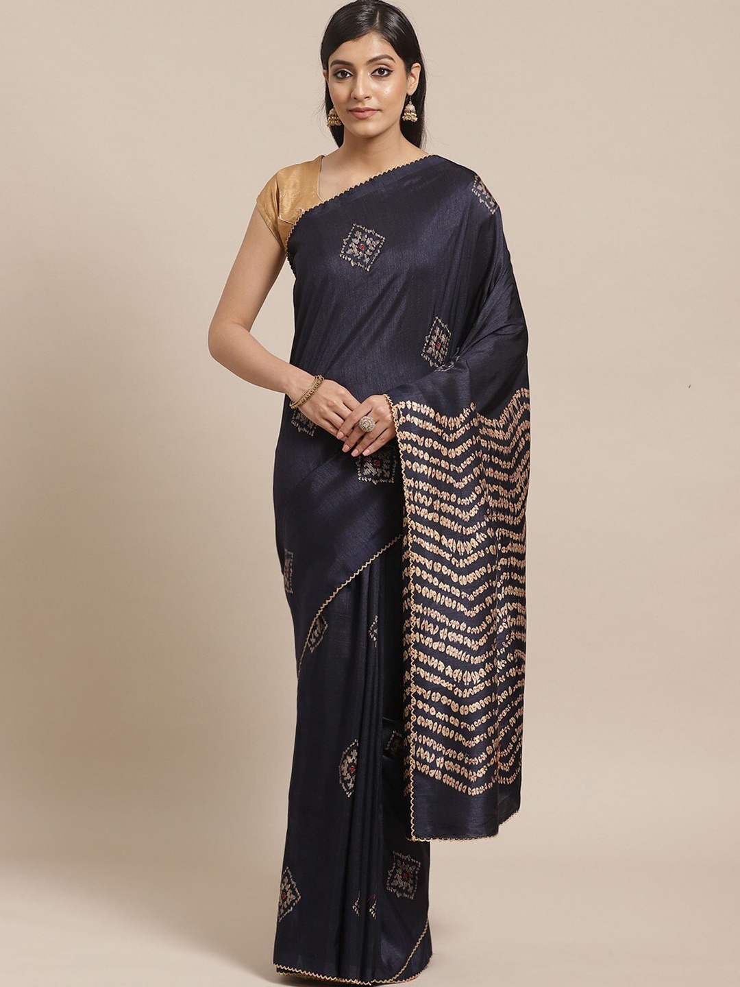 

KALINI Geometric Woven Design Saree, Navy blue