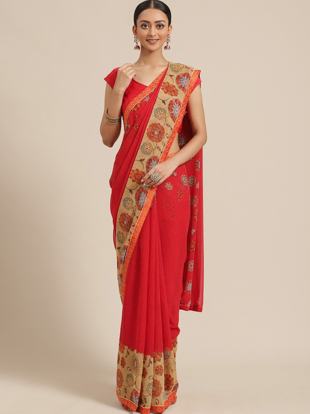 

KALINI Floral Printed Pure Georgette Saree, Red