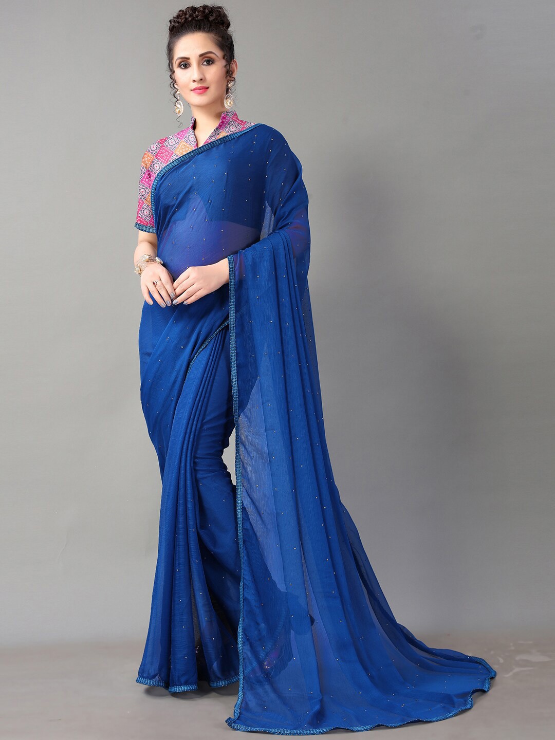 

KALINI Embellished Pure Chiffon Saree, Navy blue