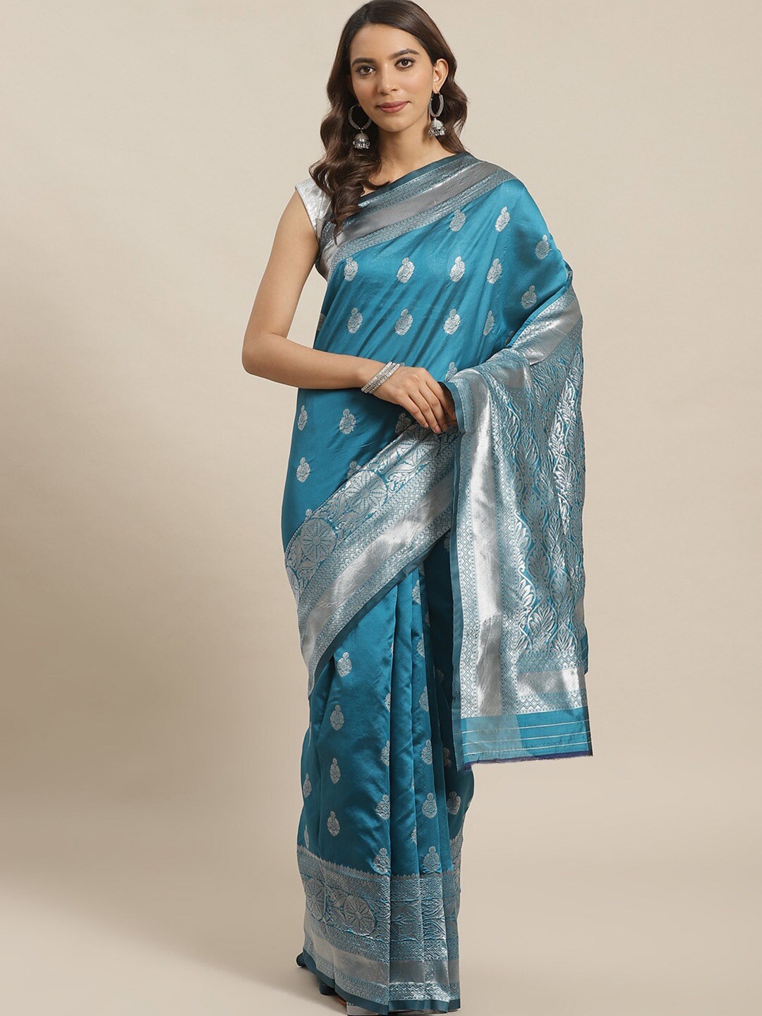 

KALINI Ethnic Motifs Woven Design Zari Saree, Turquoise blue