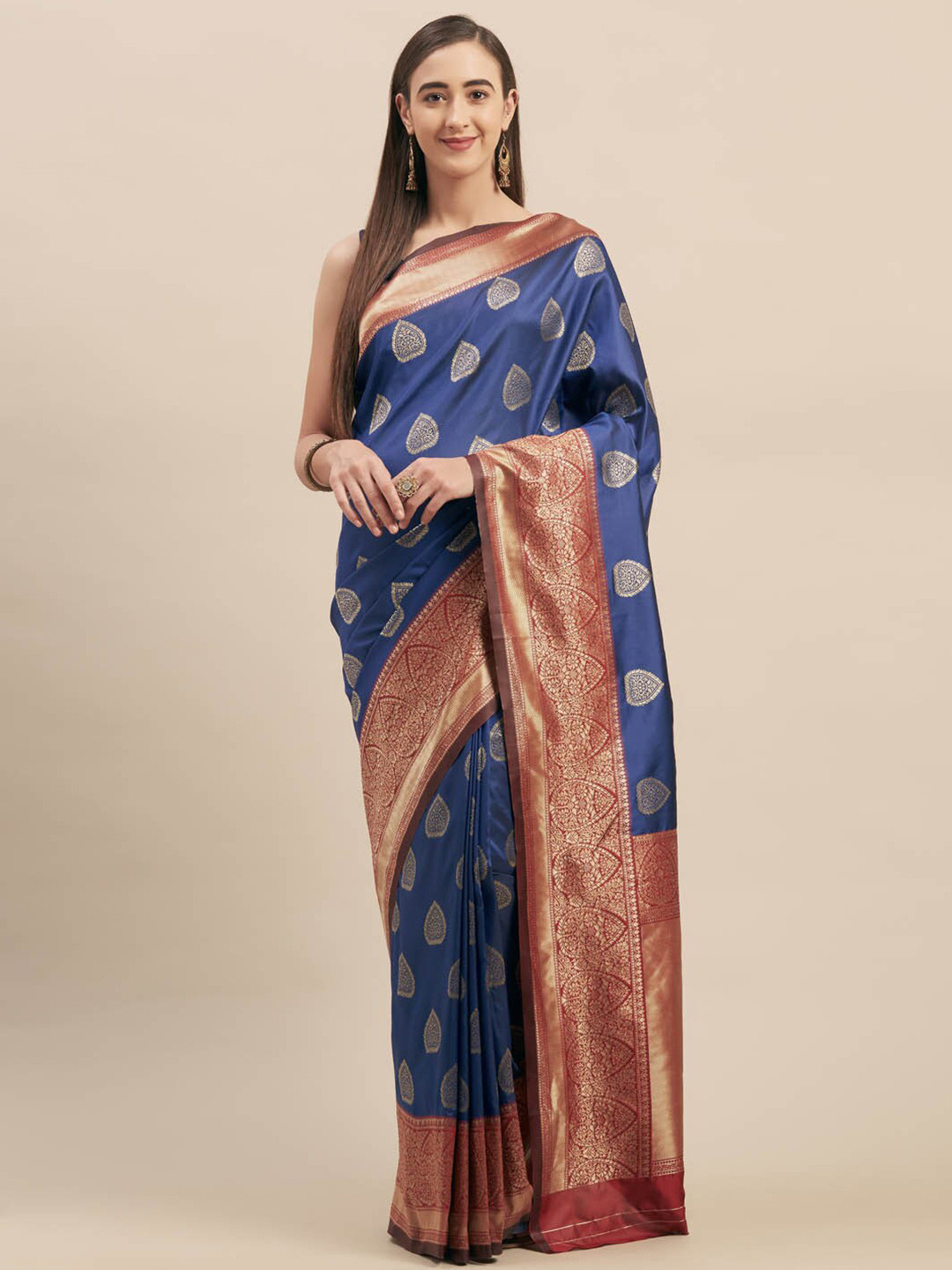 

KALINI Ethnic Motifs Woven Design Zari Saree, Navy blue