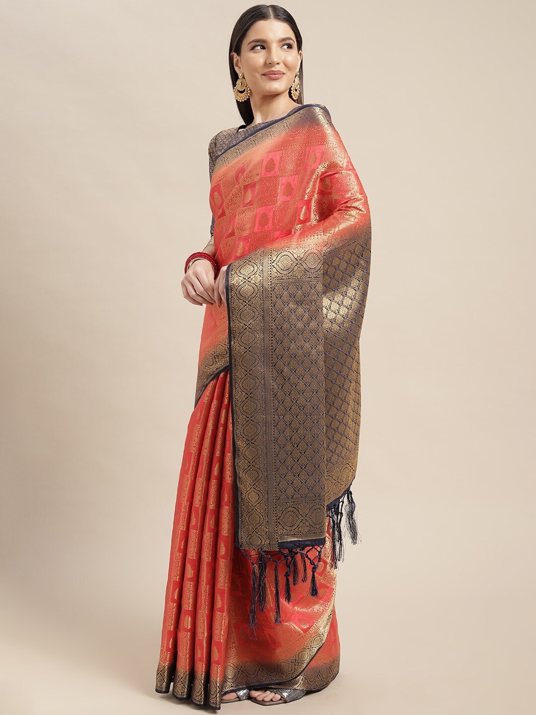 

KALINI Ethnic Motifs Woven Design Zari Saree, Peach