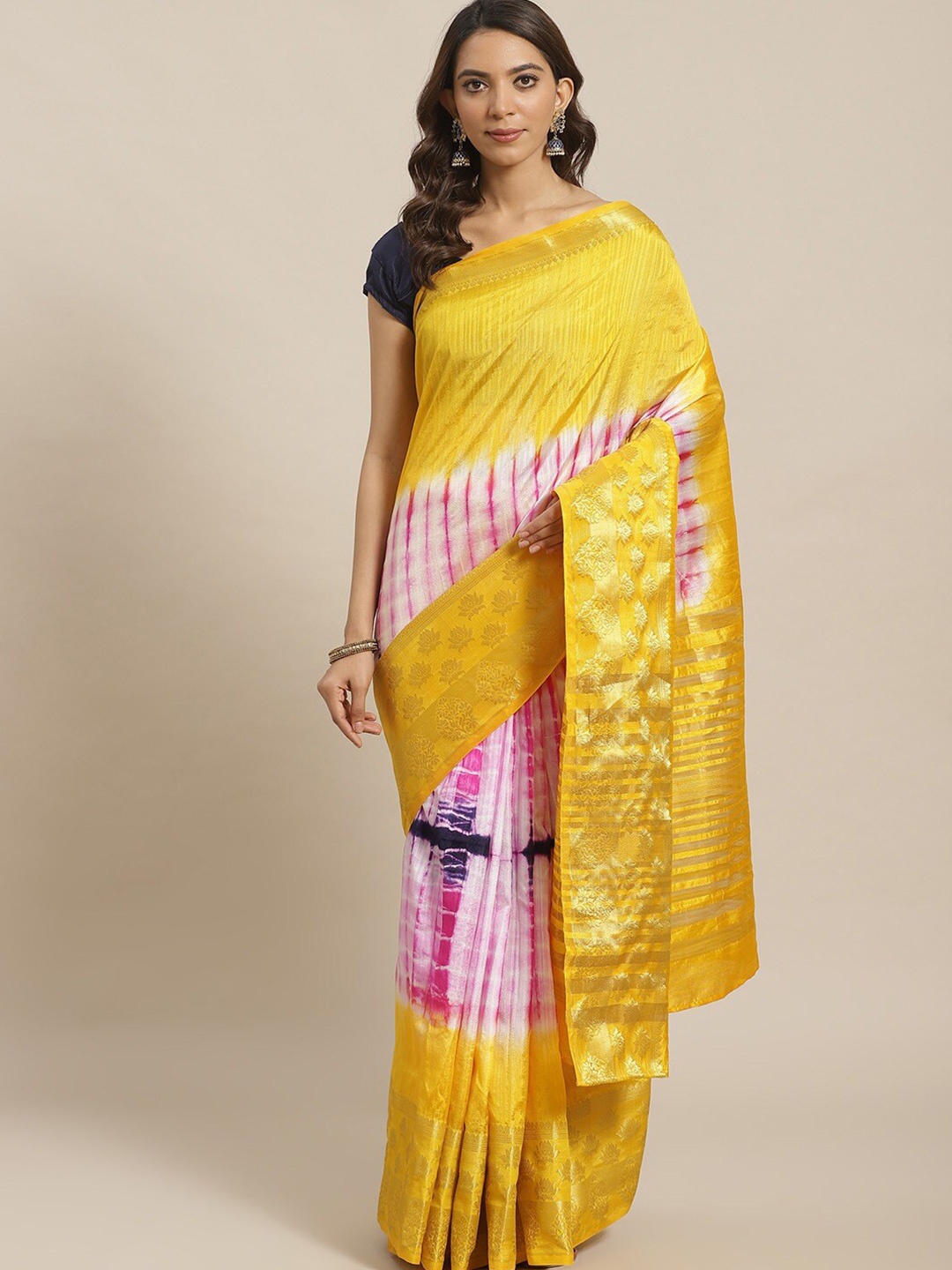 

KALINI Tie & Dye Dyed Woven Design Zari Saree, Yellow