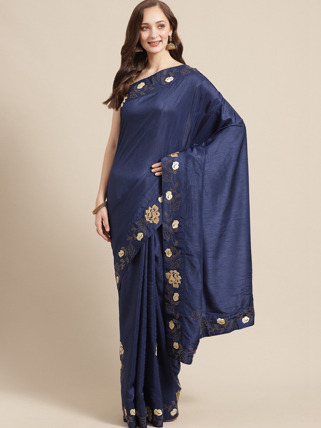 

KALINI Floral Printed Beads & Stones Saree, Navy blue