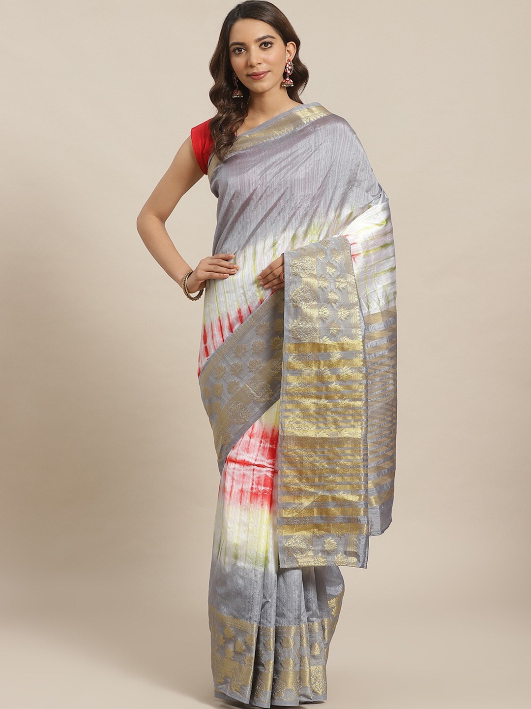 

KALINI Tie & Dye Dyed Woven Design Zari Saree, Grey