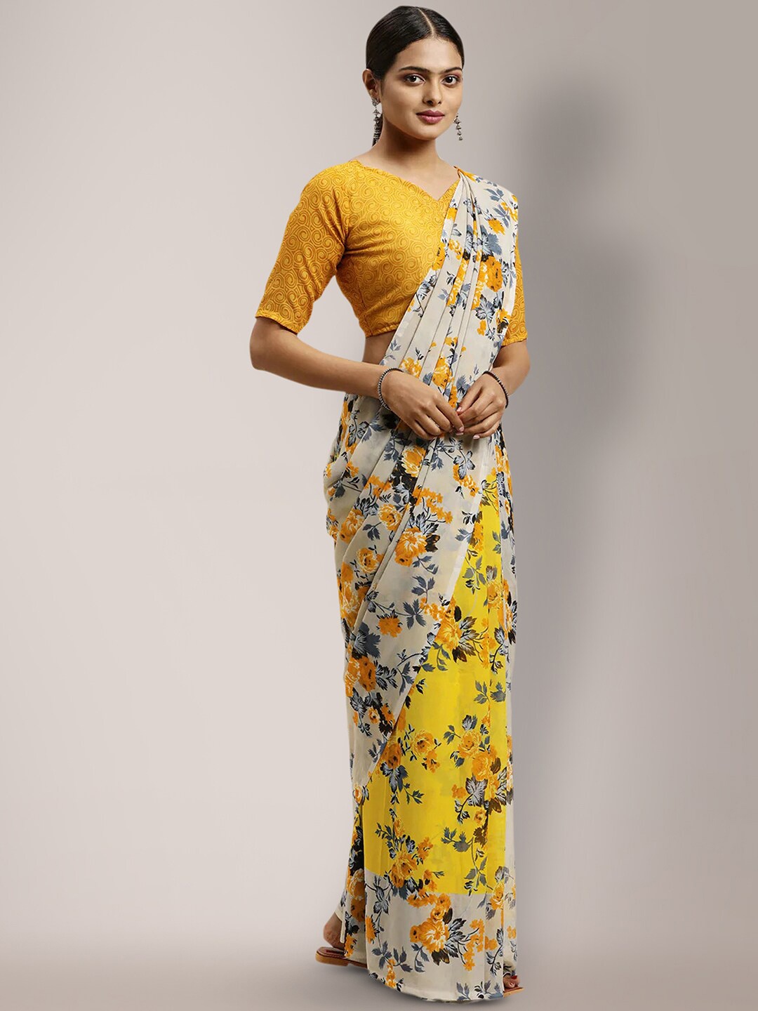 

KALINI Floral Printed Saree, Cream