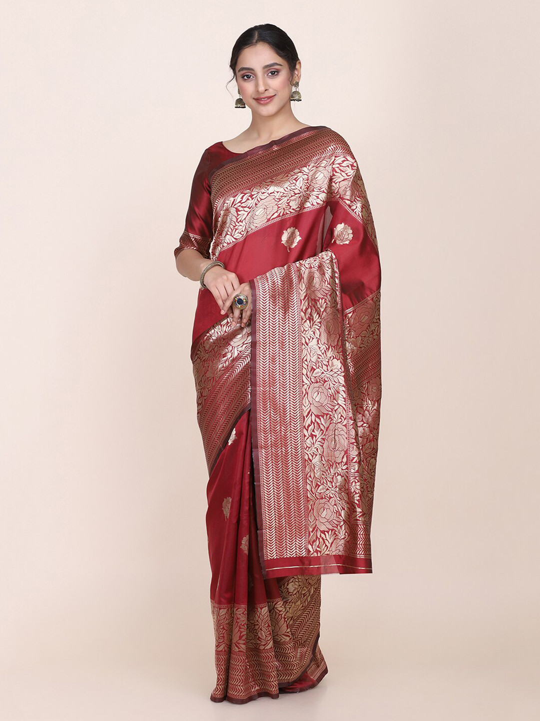 

KALINI Floral Woven Design Zari Saree, Red