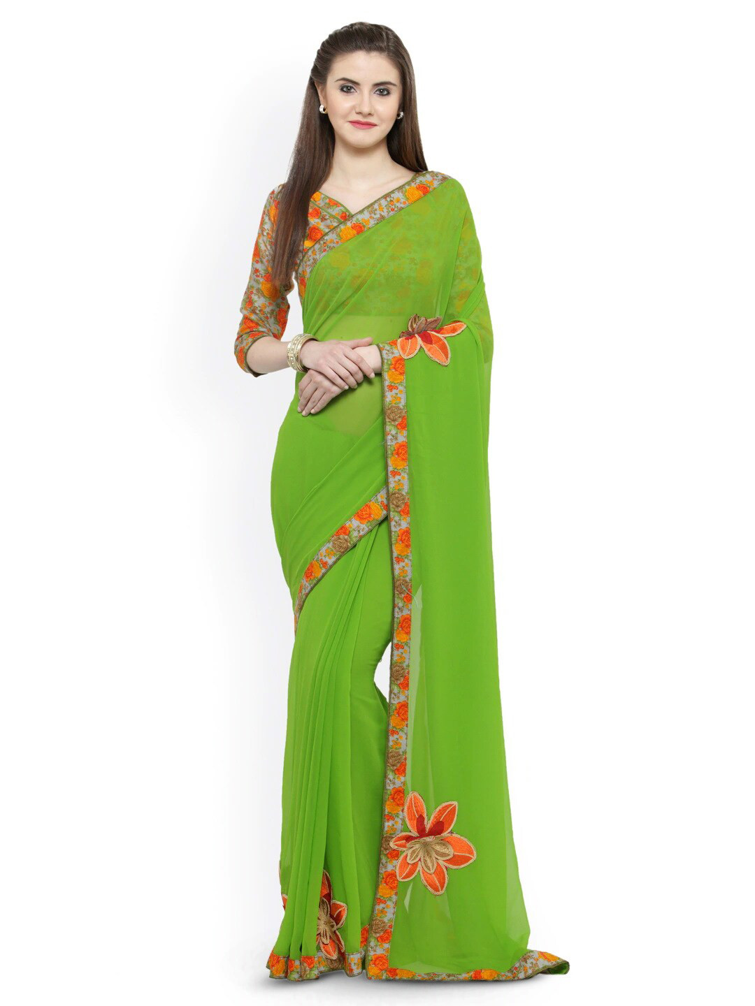 

KALINI Floral Printed Pure Georgette Saree, Green