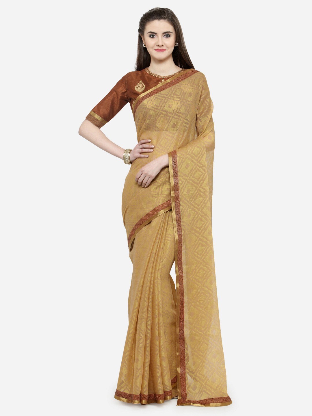 

KALINI Geometric Woven Design Zari Brasso Saree, Beige