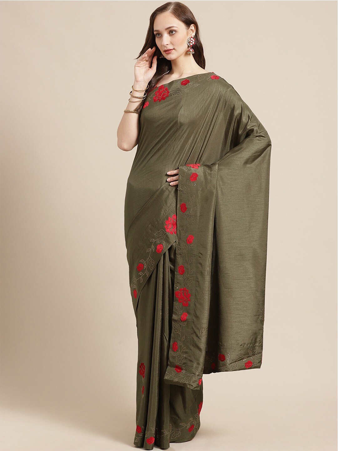 

KALINI Floral Embellished Saree, Olive