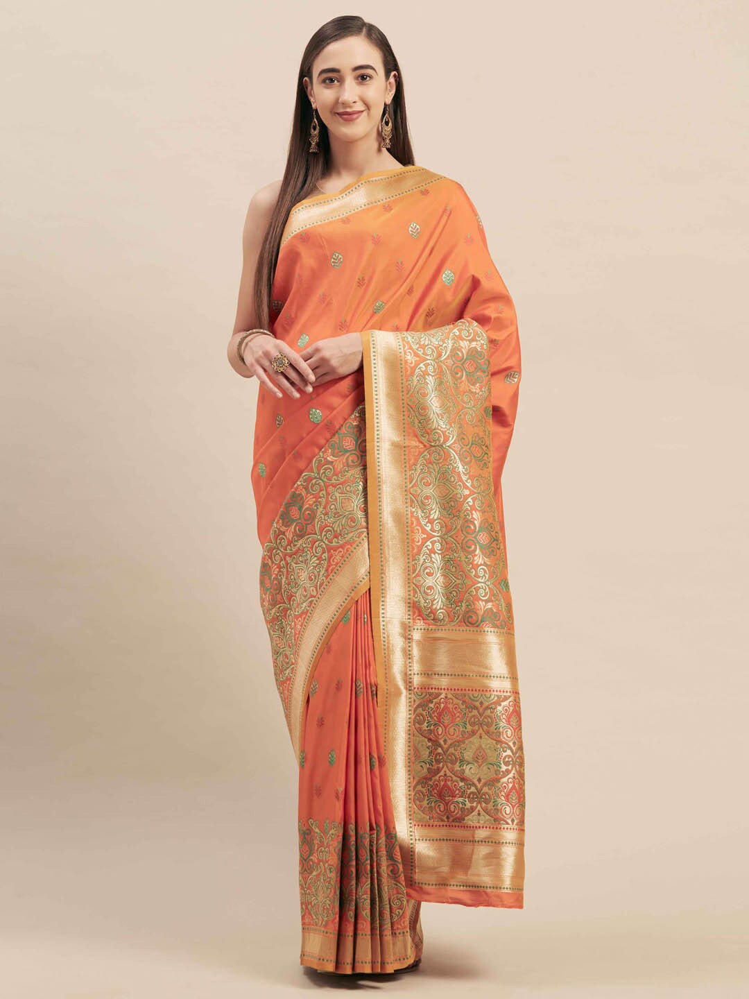 

KALINI Ethnic Motifs Woven Design Zari Saree, Orange