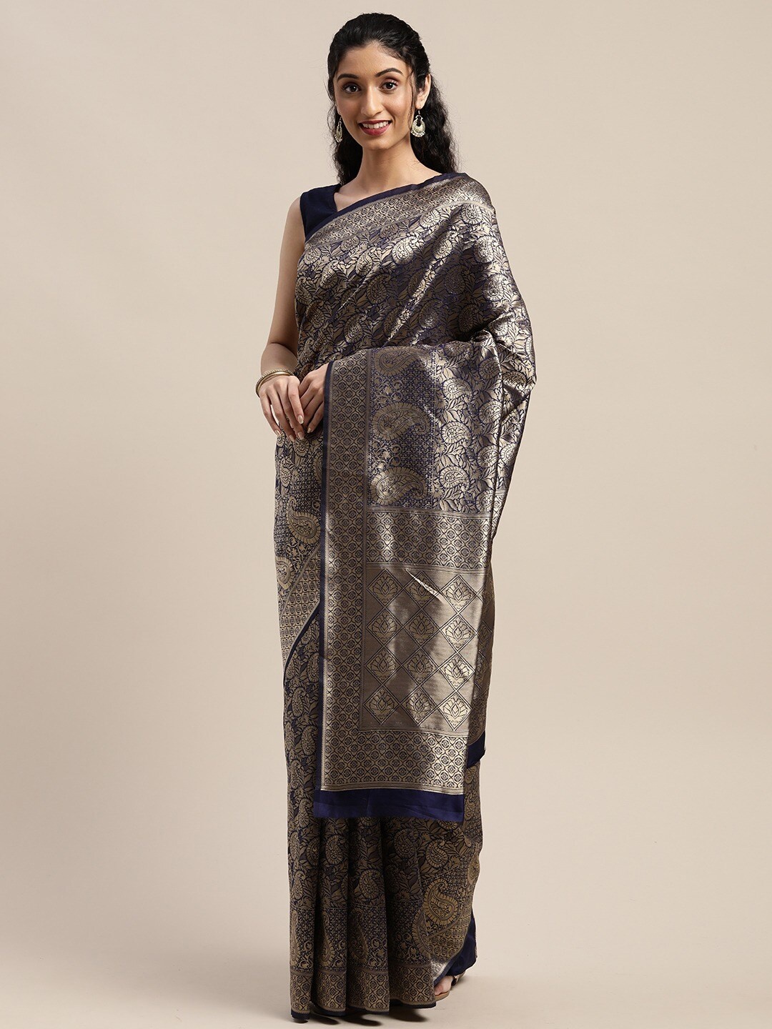

KALINI Ethnic Motifs Woven Design Zari Saree, Navy blue