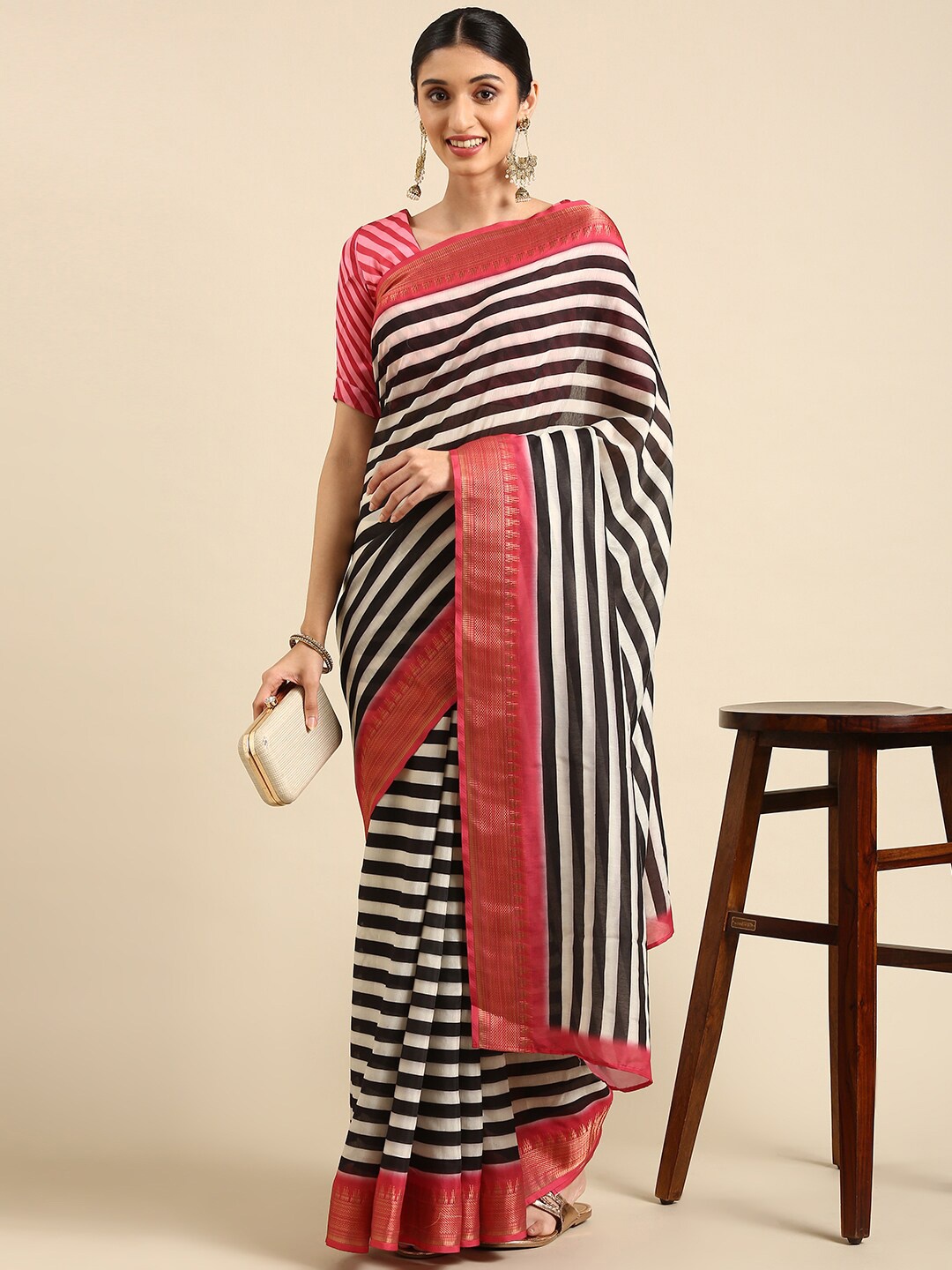 

KALINI Striped Zari Pure Georgette Saree, Black
