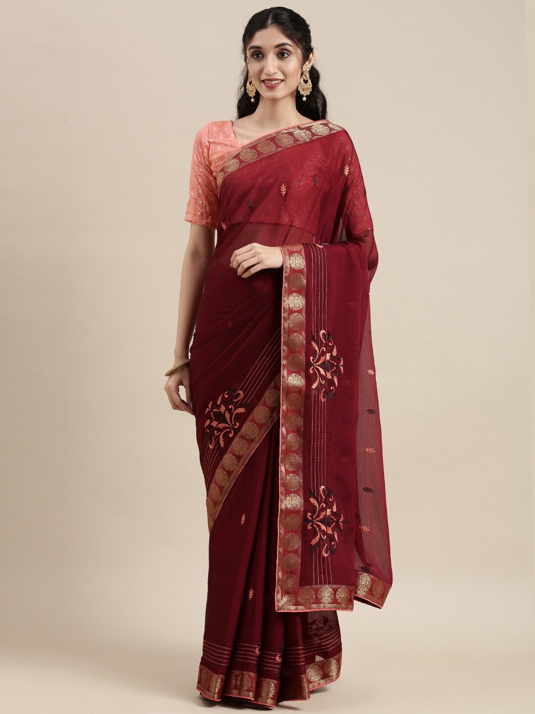 

KALINI Floral Embroidered Zari Saree, Maroon