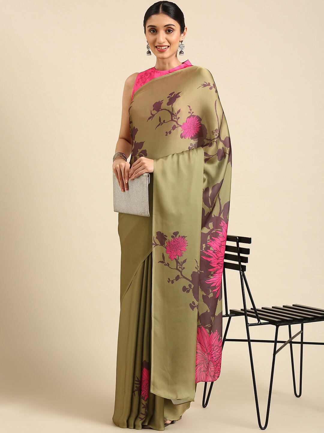 

KALINI Floral Printed Satin Saree, Green