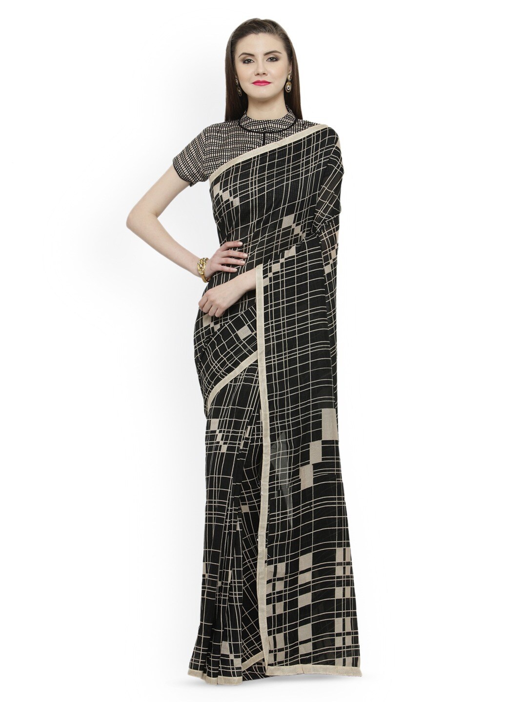 

KALINI Geometric Printed Silk Cotton Saree, Black