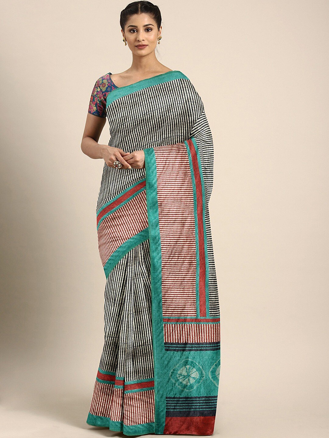 

KALINI Striped Silk Blend Saree, Teal