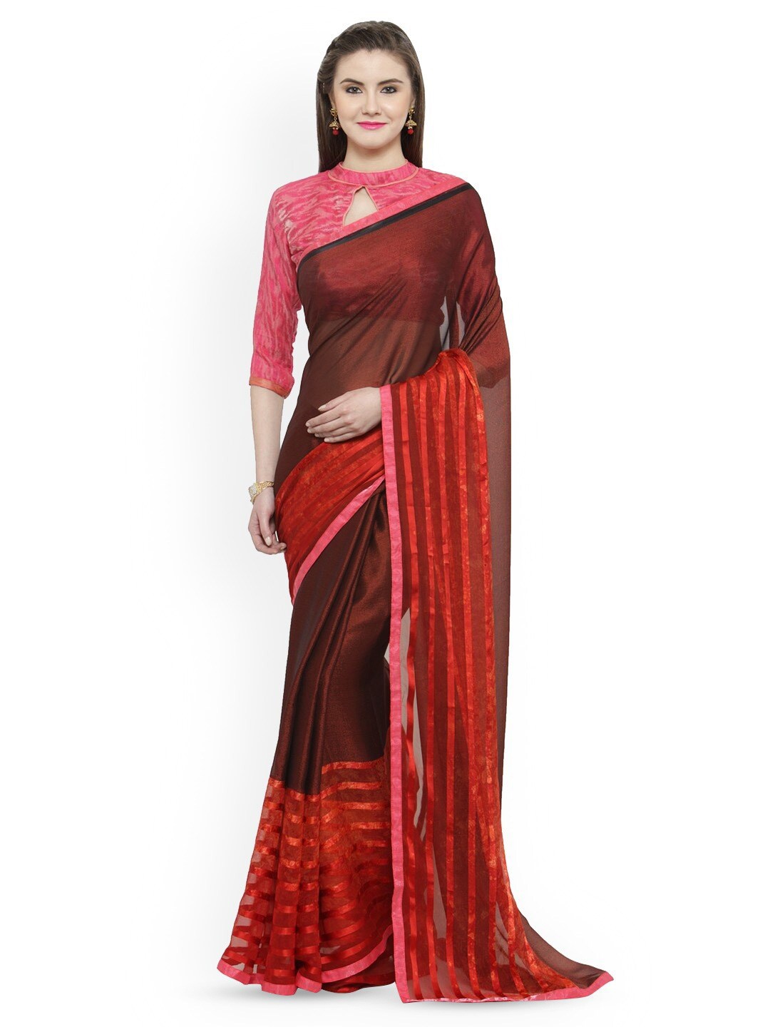 

KALINI Striped Border Brasso Saree, Red
