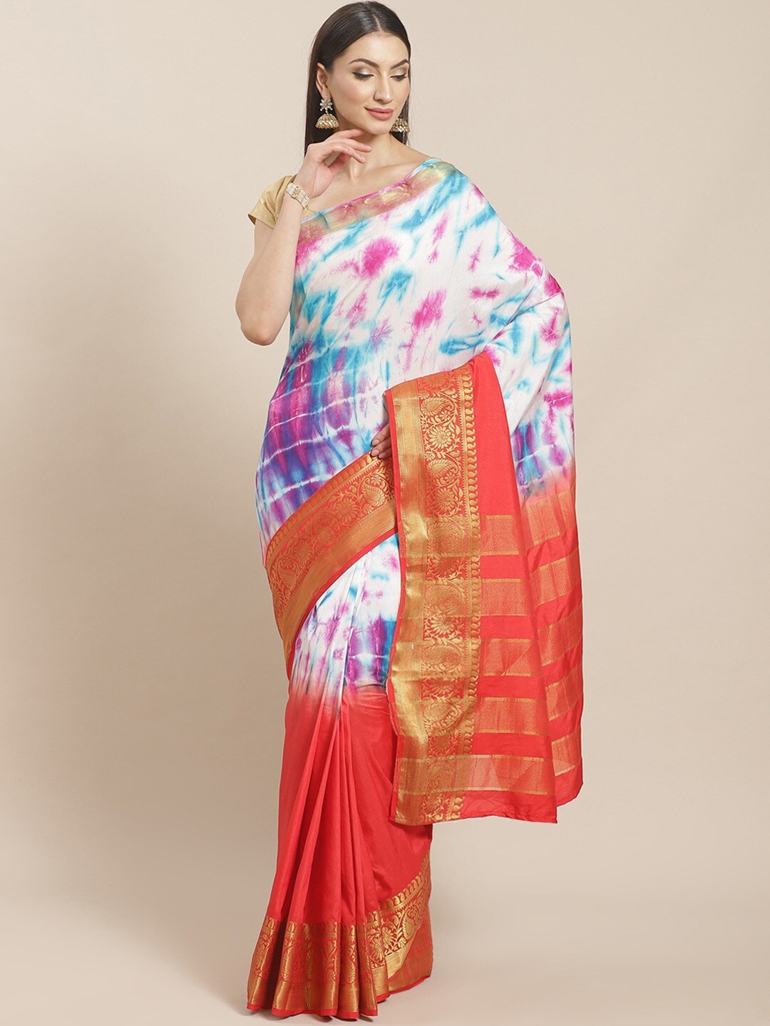 

KALINI Tie And Dye Zari Silk Blend Saree, Red