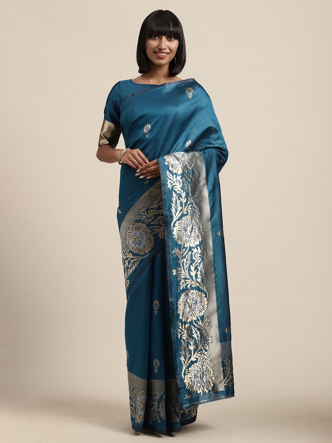 

KALINI Woven Design Zari Silk Blend Saree, Teal