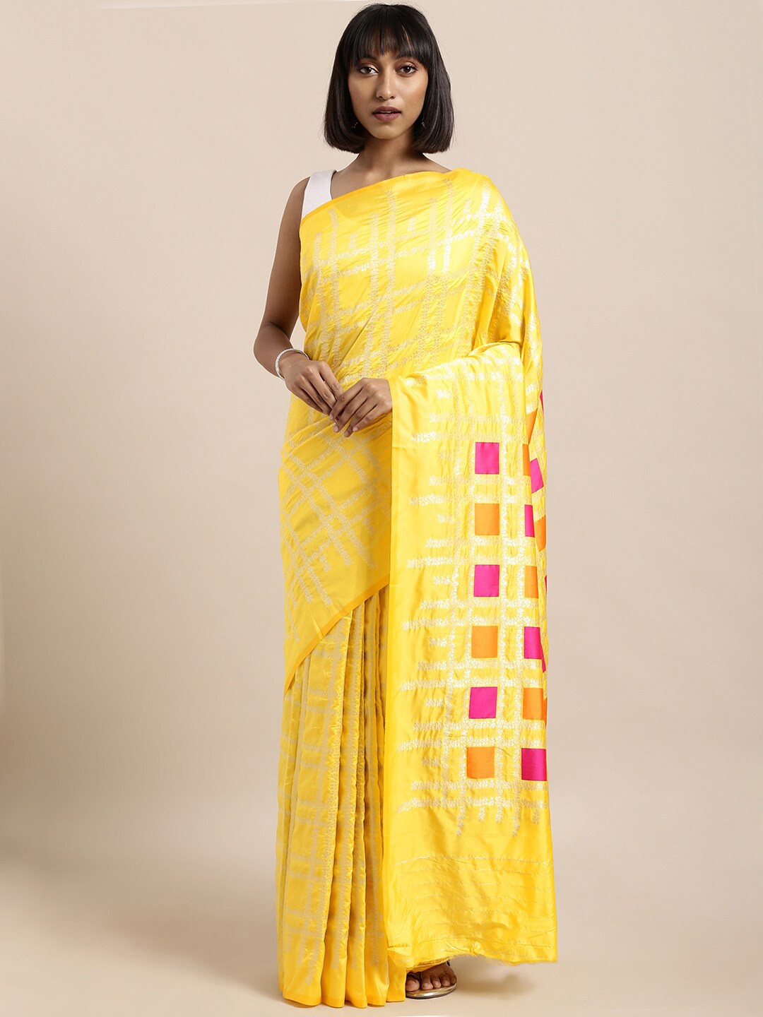 

KALINI Checked Silk Blend Saree, Yellow