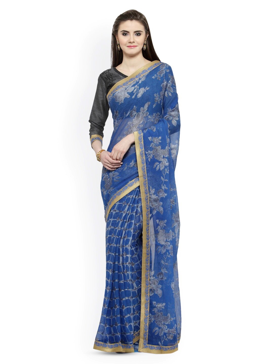 

KALINI Floral Printed Brasso Saree, Blue