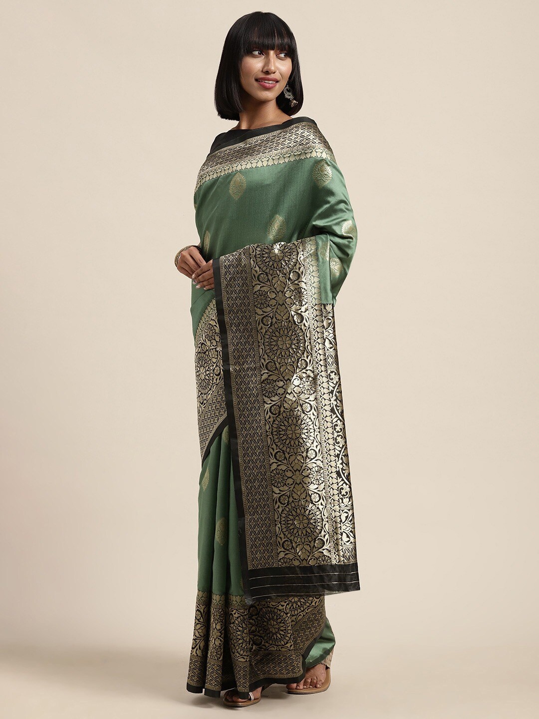 

KALINI Ethnic Motifs Woven Design Zari Saree, Green