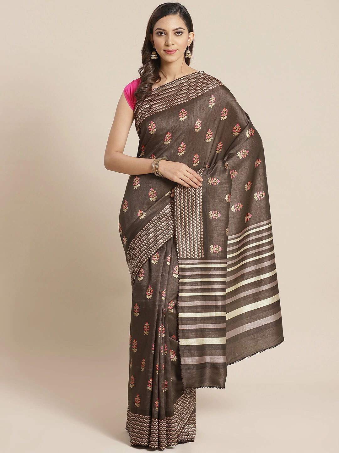 

KALINI Ethnic Motifs Printed Art Silk Saree, Brown