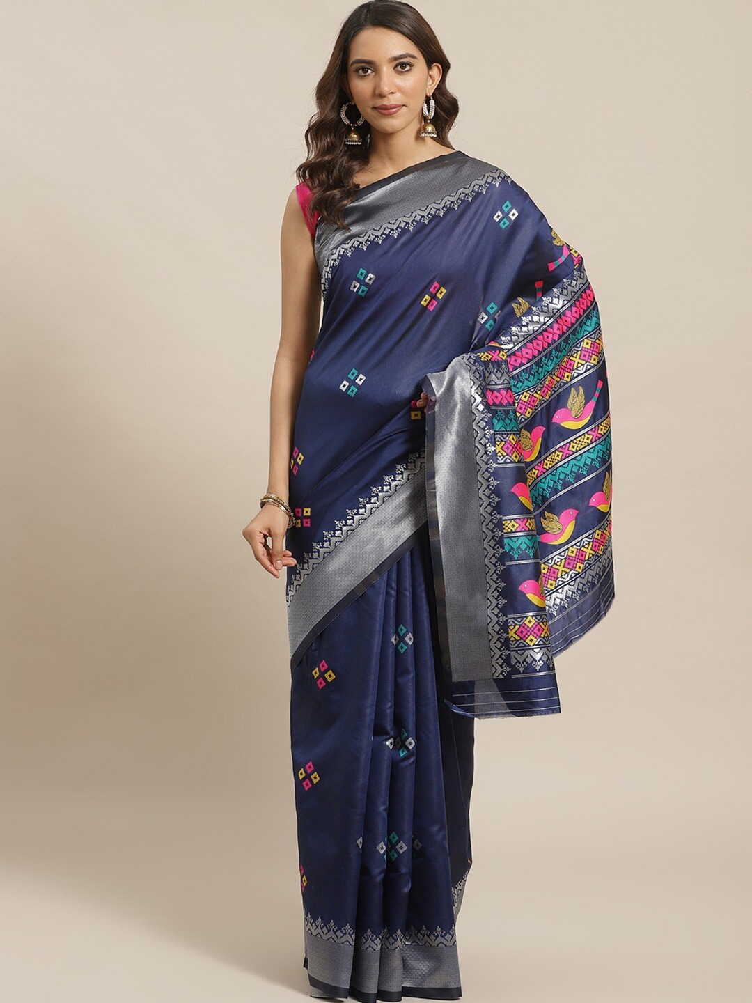 

KALINI Ethnic Motifs Woven Design Zari Saree, Navy blue