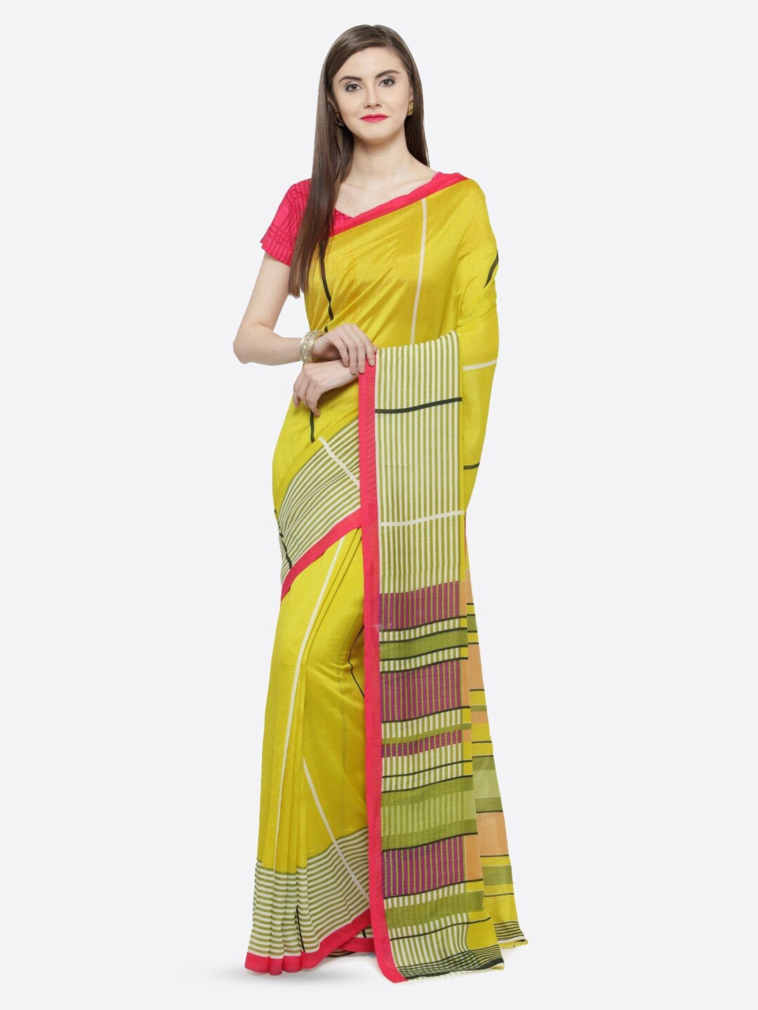 

KALINI Striped Silk Cotton Saree, Green