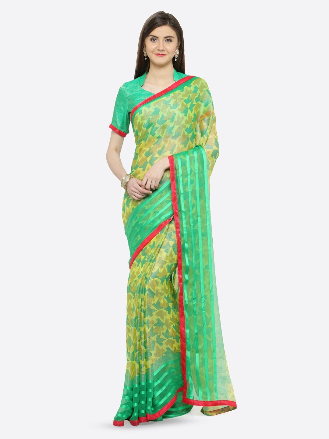 

KALINI Floral Printed Brasso Saree, Green