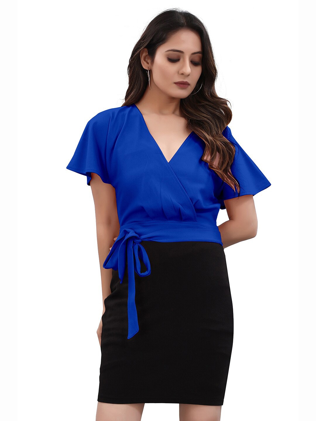 

BAESD Colourblocked Flared Sleeves Tie Up Sheath Dress, Blue