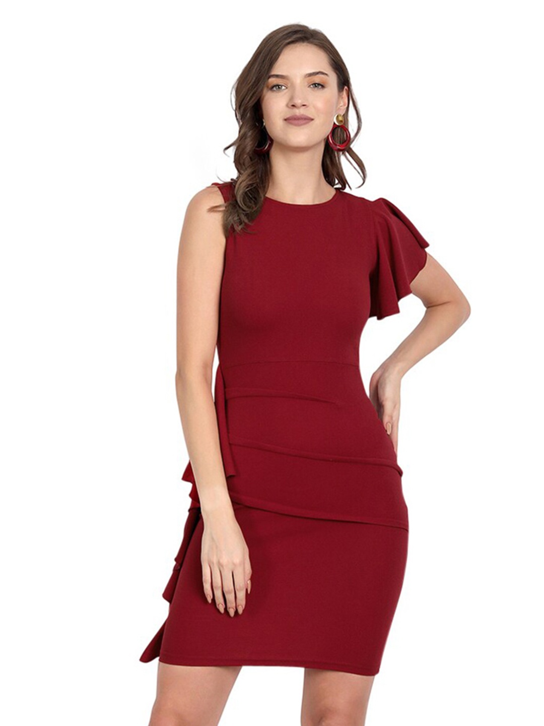 

BAESD Ruffles Detail Sleeveless Bodycon Dress, Maroon
