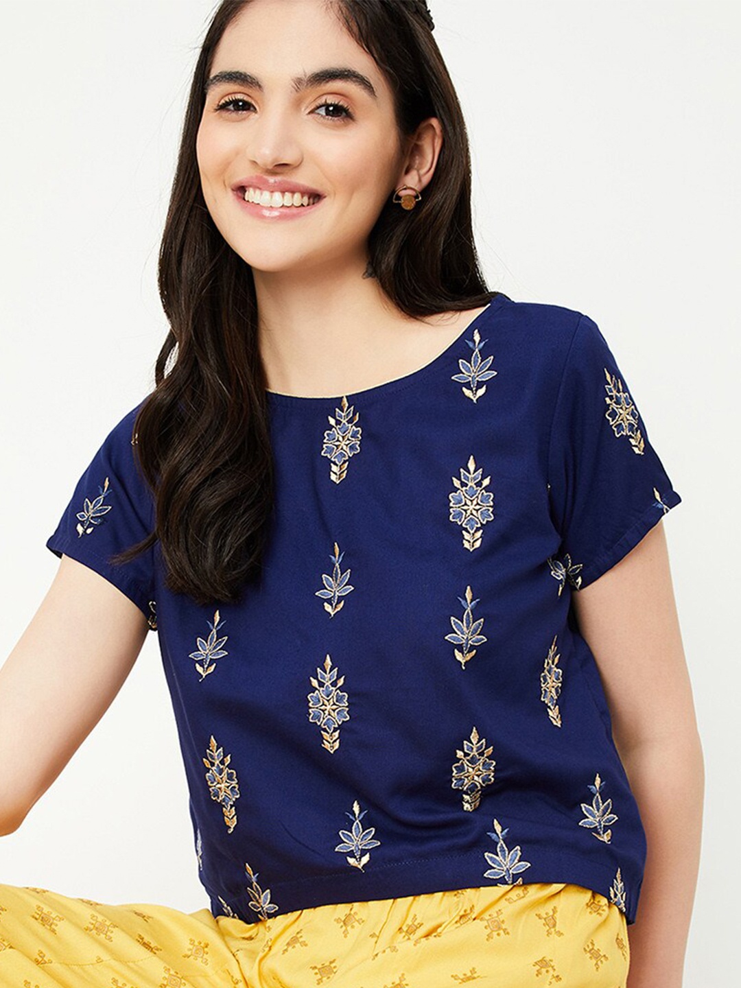 

max Ethnic Motifs Embroidered Top, Navy blue