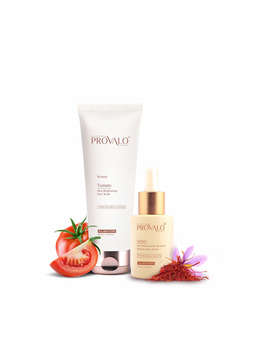 

PROVALO Women Set Of 2 Tomato Face Wash-100ml & Saffron & Hyaluronic Acid Face Serum- 30ml, White