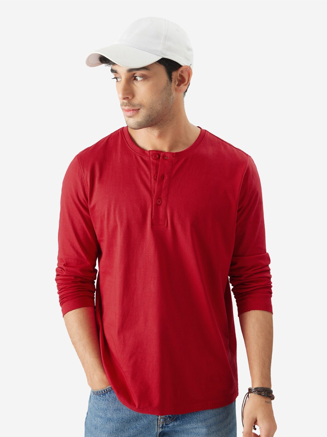 

The Souled Store Henley Neck Cotton T-shirt, Red