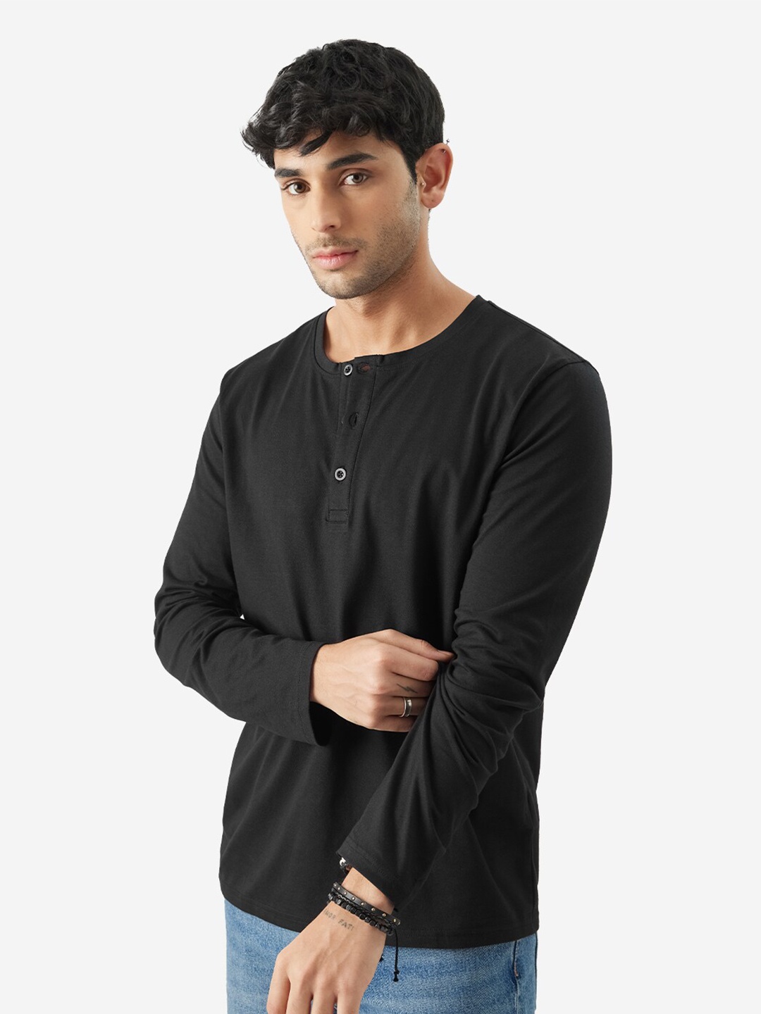 

The Souled Store Henley Neck Cotton T-shirt, Black